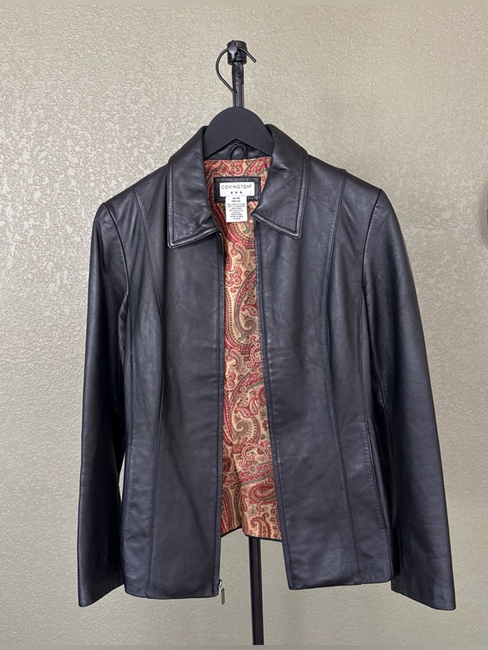 Covington Black Leather Zip Jacket with Paisley Lining